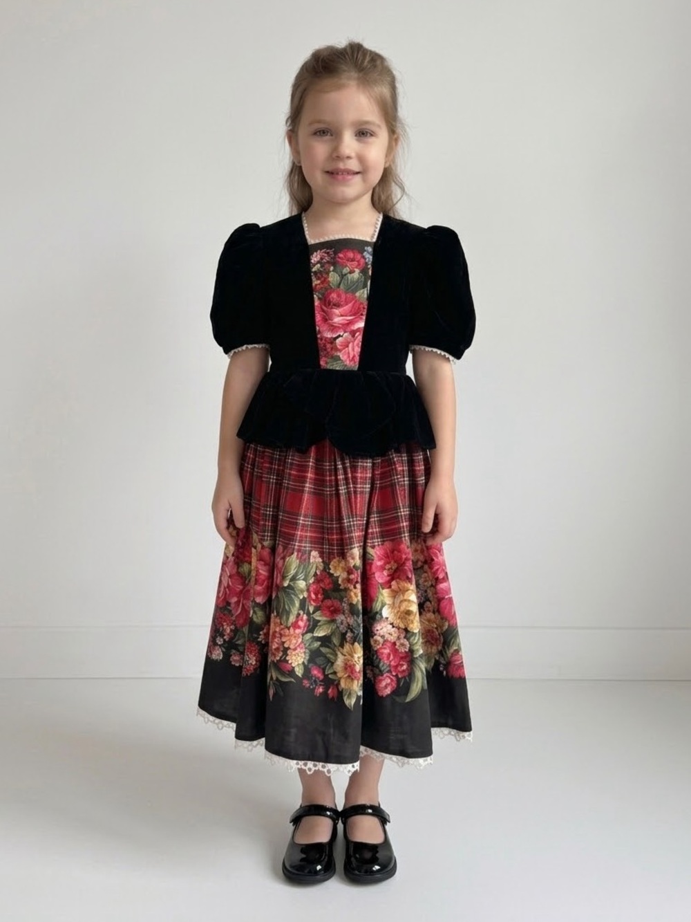 Vintage Handmade Girls Velvet & Plaid Peplum Dress w/ Roses & Lace